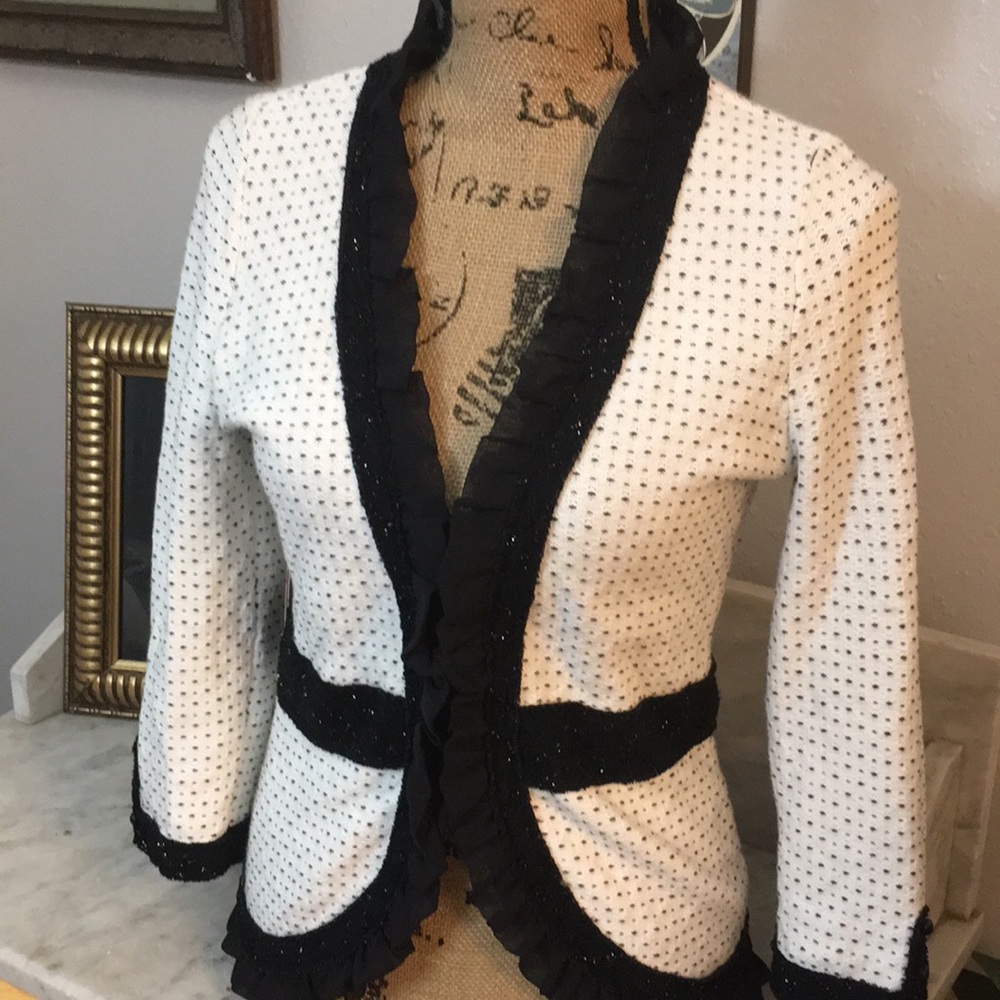 White & Black Ruffled Open-Front Women's Jacket